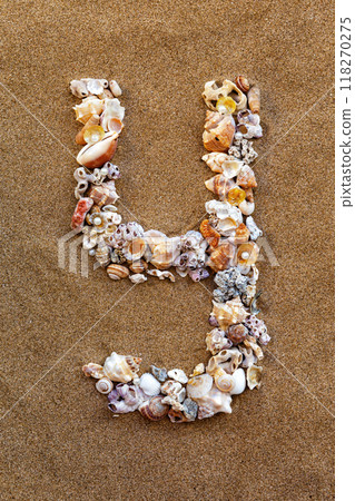 The letter Y of the English alphabet, a letter made of seashells on the sand. 118270275