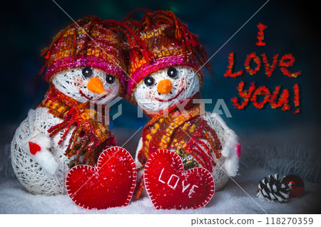 Love snowmen. Snowfall. Love concept. Greeting card Happy Valentines day Love snowmen. Snowfall. Love concept. Greeting card Happy Valentines day 118270359