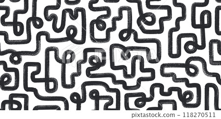 Brush drawn line maze, labyrinth, squiggles seamless pattern. Black bold grunge curved strokes. Abstract geometric background. 118270511