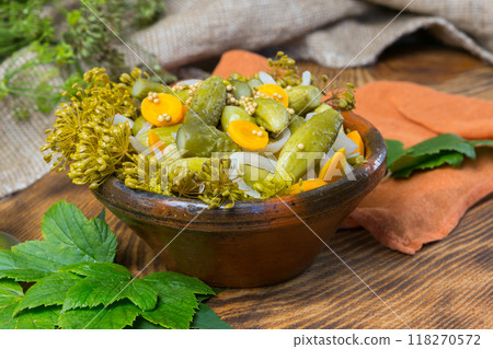 marinated cucumbers, cucumbers in a bowl, Cucumber pickle set marinated cucumbers, cucumbers in a bowl, Cucumber pickle set 118270572