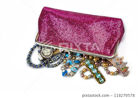 the cosmetic bag is filled with ornaments the cosmetic bag is filled with ornaments 118270578