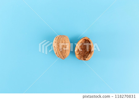 half of a walnut on a blue background, one intact outer shell and one hollow inner shell with meat removed. Ideal for themes of food, nutrition, natural textures, or visual metaphors. 118270831
