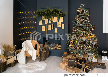 Beautiful holdiay decorated room with Christmas tree with presents under it Beautiful holdiay decorated room with Christmas tree with presents under it 118271115