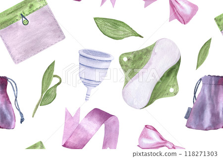 A menstrual cup, a period pad and a fabric pouch watercolor seamless pattern isolated on white. Great for eco-friendly menstrual care design, packaging, websites. Sustainable lifestyle of modern women A menstrual cup, a period pad and a fabric pouch watercolor seamless pattern isolated on white. Great for eco-friendly menstrual care design, packaging, websites. Sustainable lifestyle of modern women 118271303