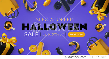 Sale Halloween background 3d design with shopping bags gift boxes candies and percent signs 118271305