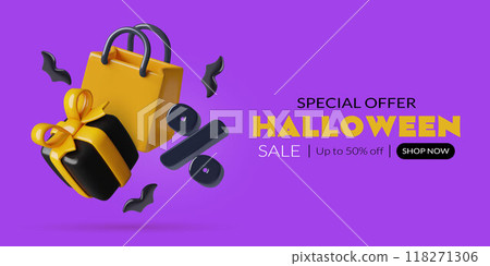 Halloween sale banner 3d design with gift box shopping bag percent sign and flying bats Halloween sale banner 3d design with gift box shopping bag percent sign and flying bats 118271306