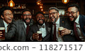 Group of men of different nationalities and age, business partners, dressed in stylish business suits, meeting at bar, smiling and relaxing in bar after work 118271517