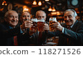 Group of older gentlemen dressed in classic suits, raising glasses of beer celebrating completed project. Cozy bar with soft warm light 118271526