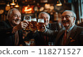 Group of older gentlemen dressed in classic suits, raising glasses of beer celebrating completed project. 118271527