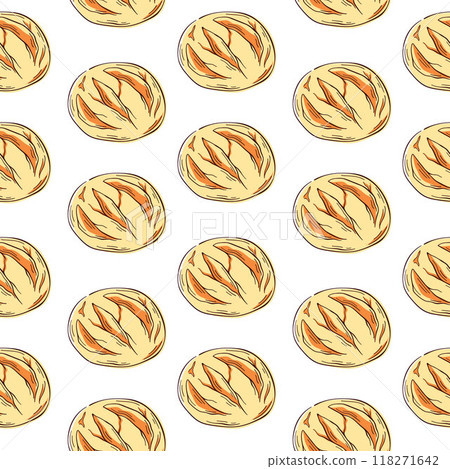 Seamless pattern in line art style bread loaves. Ideal for bakery and restaurant design, packaging or menu. Illustration a white background. Seamless pattern in line art style bread loaves. Ideal for bakery and restaurant design, packaging or menu. Illustration a white background. 118271642
