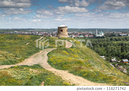The tower of an ancient Bulgarian fortress on a high cliff on the banks of the Kama River, Elabuga, Tatarstan, Russian Federation The tower of an ancient Bulgarian fortress on a high cliff on the banks of the Kama River, Elabuga, Tatarstan, Russian Federation 118271742