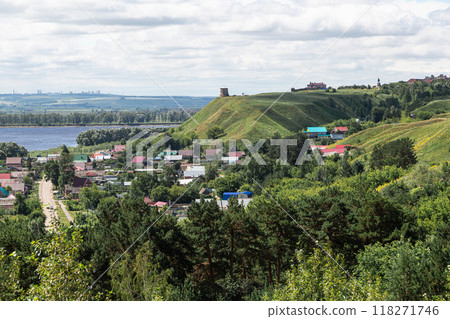 The tower of an ancient Bulgarian fortress on a high cliff on the banks of the Kama River, Elabuga, Tatarstan, Russian Federation 118271746
