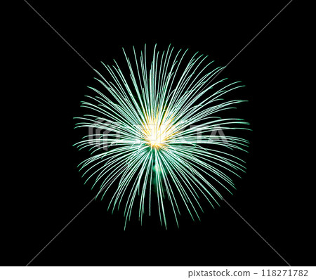 Festive green fireworks on black background for celebration and anniversary . 118271782