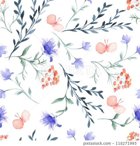 Summer meadow seamless pattern of flowers and herbs in blue pink watercolor colors isolated. Abstract simple plants and butterflies hand drawn on repeated background. Foliate pattern design textile. 118271993