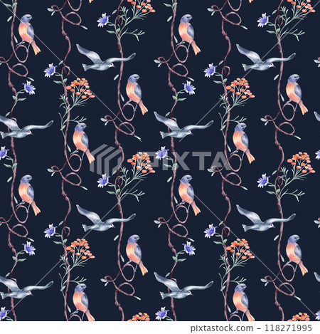 Seamless tree with birds of red, blue colors by watercolor isolated. Romantic repeating branches with heart shapes and delicate flowers pattern hand drawn. Avian wallpaper with floral elements. 118271995