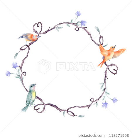 Circle frame of twigs, tiny birds and pastel blue flowers in watercolor painted isolated. Delicate branch with various birds on wreath hand drawn. Element for natural rustic designs, Valentine day. Circle frame of twigs, tiny birds and pastel blue flowers in watercolor painted isolated. Delicate branch with various birds on wreath hand drawn. Element for natural rustic designs, Valentine day. 118271998
