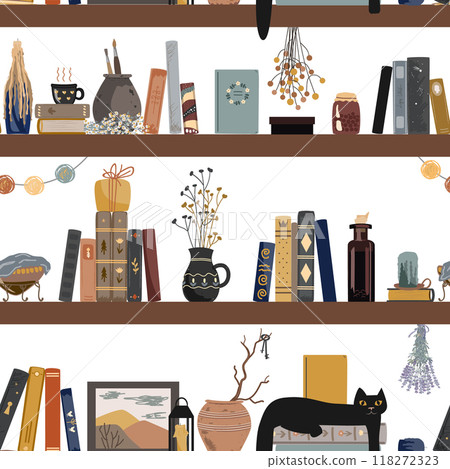 Seamless pattern with vintage books, cat, hot drink mug, and different retro things. Old and mysterious interior. Standing books wall background. Home library. Vector illustration. Seamless pattern with vintage books, cat, hot drink mug, and different retro things. Old and mysterious interior. Standing books wall background. Home library. Vector illustration. 118272323