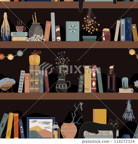 Seamless pattern with vintage books, and different retro things on dark shadow background. Old and mysterious interior. Standing books wall background. Home library. Vector illustration. 118272324