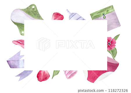 Reusable period pad, cups, pantie watercolor frame isolated on white. Perfect for comprehensive menstrual care design, for advertisements, packaging, cards, banners. Hand drawn art in pink and green 118272326