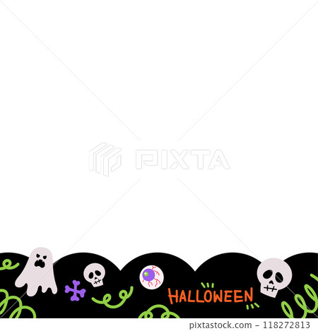 Illustration of square Halloween frame with ghost, head skull, bones, eye with blood vessels for social media post, ad template, decoration, banner, campaign, background, wallpaper, backdrop Illustration of square Halloween frame with ghost, head skull, bones, eye with blood vessels for social media post, ad template, decoration, banner, campaign, background, wallpaper, backdrop 118272813