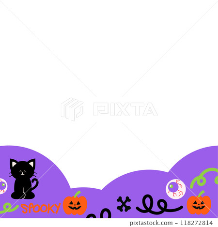 Illustration of square Halloween frame with black cat, pumpkin, bones, eye with blood vessels for social media post, ad template, decoration, banner, campaign, background, wallpaper, backdrop 118272814