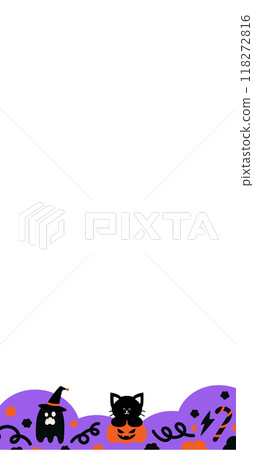 Illustration of vertical Halloween frame with black cat, pumpkin, ghost, witch hat, candy cane for social media post, ad template, decoration, banner, campaign, background, wallpaper, backdrop Illustration of vertical Halloween frame with black cat, pumpkin, ghost, witch hat, candy cane for social media post, ad template, decoration, banner, campaign, background, wallpaper, backdrop 118272816