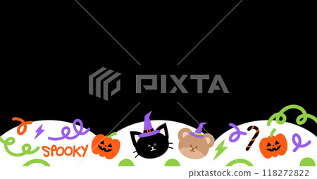 Illustration of rectangle Halloween frame with black cat, pumpkin, teddy bear, witch hat, candy cane for social media post, ad template, decoration, banner, campaign, background, wallpaper, backdrop Illustration of rectangle Halloween frame with black cat, pumpkin, teddy bear, witch hat, candy cane for social media post, ad template, decoration, banner, campaign, background, wallpaper, backdrop 118272822