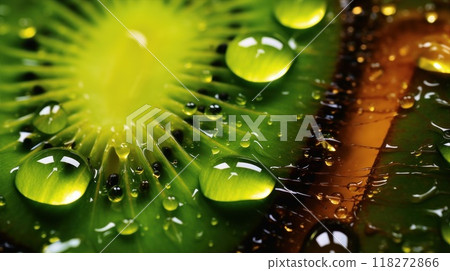 Kiwi fruits stacked with water drops, closeup view in macro background 118272866