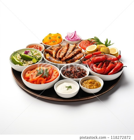 Colorful platter with seafood, meat, and vegetables, showcasing a balanced culinary spread 118272872