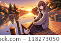 一個美麗的女孩與湖和日落的插圖 118273050