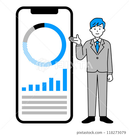 A man in a suit introducing asset management using a large smartphone 118273079