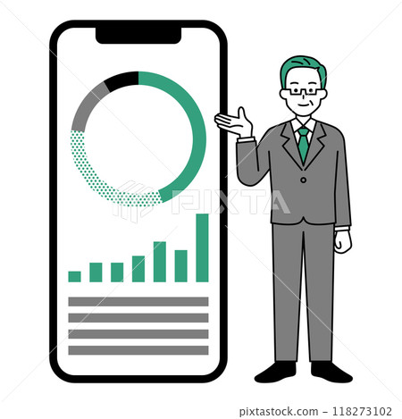 A middle-aged man in a suit introducing asset management using a large smartphone A middle-aged man in a suit introducing asset management using a large smartphone 118273102