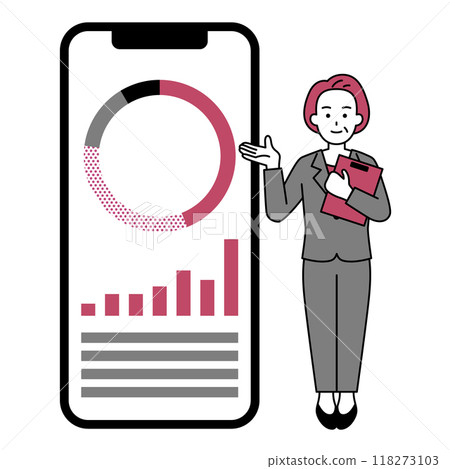 A middle-aged woman in a suit introducing asset management using a large smartphone A middle-aged woman in a suit introducing asset management using a large smartphone 118273103