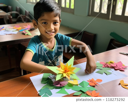 A Creative Boy Truly Engaged in Various Colorful Art and Craft Activities 118273292