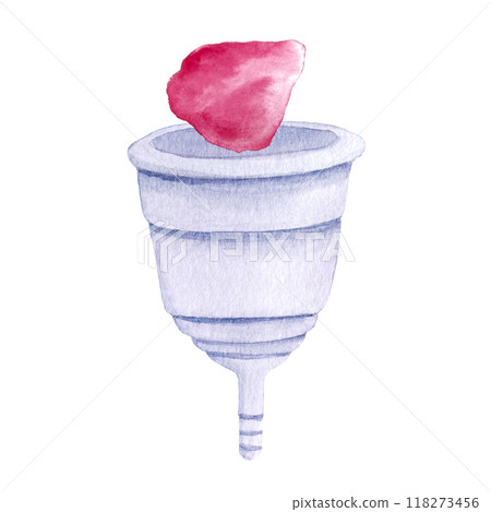 A menstrual cup and a pink petal flowing into it watercolor composition isolated on white. Great for eco-friendly menstrual care design, ads, packaging, blogs. Sustainable lifestyle of modern women 118273456