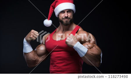 Santa Claus fitness trainer. A muscular man in a gym 118273498