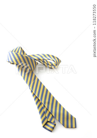 Striped tie photographed against a white background Striped tie photographed against a white background 118273550