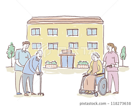 護理福利工作圖G(療養院、設施、輪椅、手杖) 護理福利工作圖G(療養院、設施、輪椅、手杖) 118273638