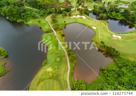 Aerial view drone shot of beautiful golf field High angle view Aerial view drone shot of beautiful golf field High angle view 118273744