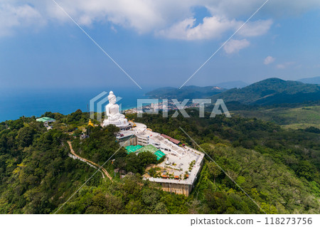 Vesak day background concept of Big buddha over high mountain in Phuket thailand Aerial view drone shot Vesak day background concept of Big buddha over high mountain in Phuket thailand Aerial view drone shot 118273756