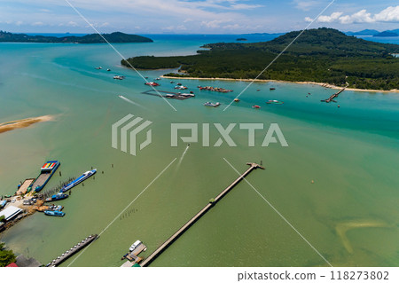 Aerial drone bird's eye view photo of small bridge in to the sea in beautiful island,Amazing sea nature high angle view Aerial drone bird's eye view photo of small bridge in to the sea in beautiful island,Amazing sea nature high angle view 118273802