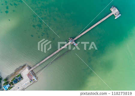 Aerial drone bird's eye view photo of small bridge in to the sea in beautiful island,Amazing sea nature high angle view 118273819