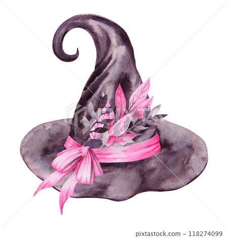 Black hat of witch, sorcerer, magician. Gothic vintage attribute of mysticism, magic, astrology. Symbol of Halloween, Sabbath, carnival, theme party. Watercolor hand drawn cut out and isolated clipart Black hat of witch, sorcerer, magician. Gothic vintage attribute of mysticism, magic, astrology. Symbol of Halloween, Sabbath, carnival, theme party. Watercolor hand drawn cut out and isolated clipart 118274099