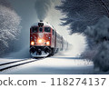 The train rides through the snow. AI Generated 118274137