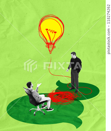 Seated man gesturing toward standing consultant with messy idea. Consultants help clients navigate complex problems. Contemporary art collage. 118274262