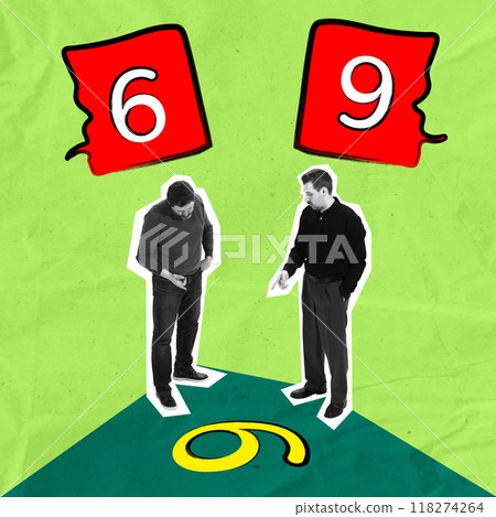 Two men debating over differing perspectives, shown by number 6 and 9 in speech bubbles, representing different views on same data. Contemporary art collage. 118274264