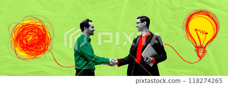 Two businessmen exchange ideas, starting with confusion and ending in clarity. Handshake represents successful agreement and clear communication. Contemporary art collage. 118274265