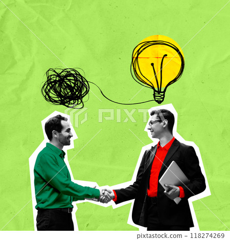 Man in formal wear with lightbulb above head shaking hand to man with tangled thoughts. Collaboration leading to clarity in business solutions. Contemporary art collage. Man in formal wear with lightbulb above head shaking hand to man with tangled thoughts. Collaboration leading to clarity in business solutions. Contemporary art collage. 118274269