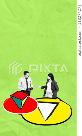 Conversation between man and woman with geometric figures, indicating need to bridge abstract ideas with practical business solutions. Contemporary art collage. 118274272