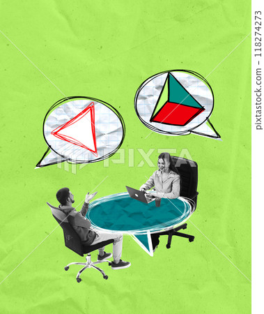 Two colleagues sitting at table, surrounded by geometric shapes symbolizing complex business problems, collaborating to find solutions. Contemporary art collage. 118274273